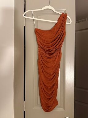 Hello Molly One-Shoulder Draped Rust Dress